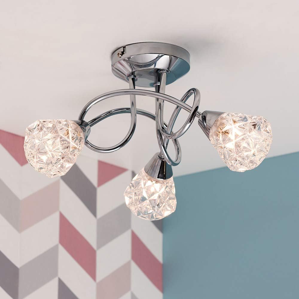 3 Way Chrome Ceiling Light with Diamond Glass Shades – Modern Pendant Fixture