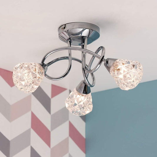 3 Way Chrome Ceiling Light with Diamond Glass Shades – Modern Pendant Fixture