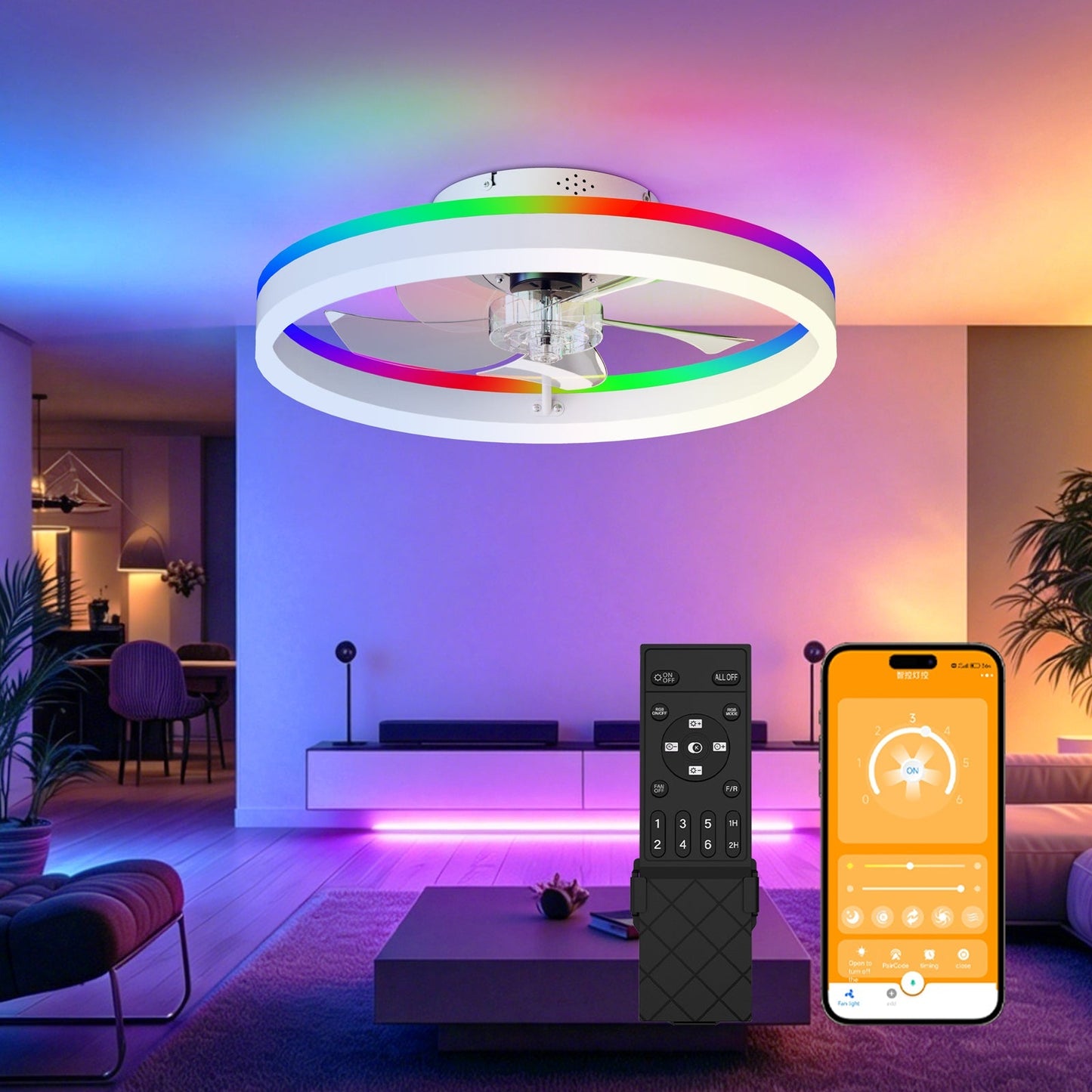 19.7 RGB Flush Mount Ceiling Fan with Light for Bedroom