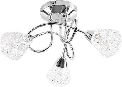 3 Way Chrome Ceiling Light with Diamond Glass Shades – Modern Pendant Fixture