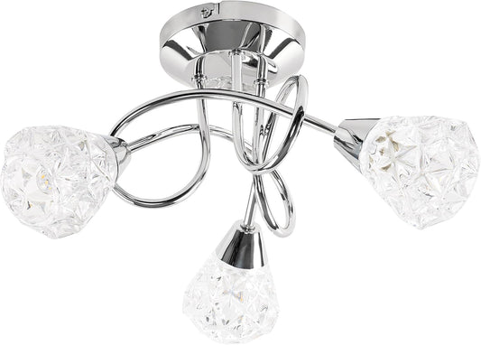 3 Way Chrome Ceiling Light with Diamond Glass Shades – Modern Pendant Fixture