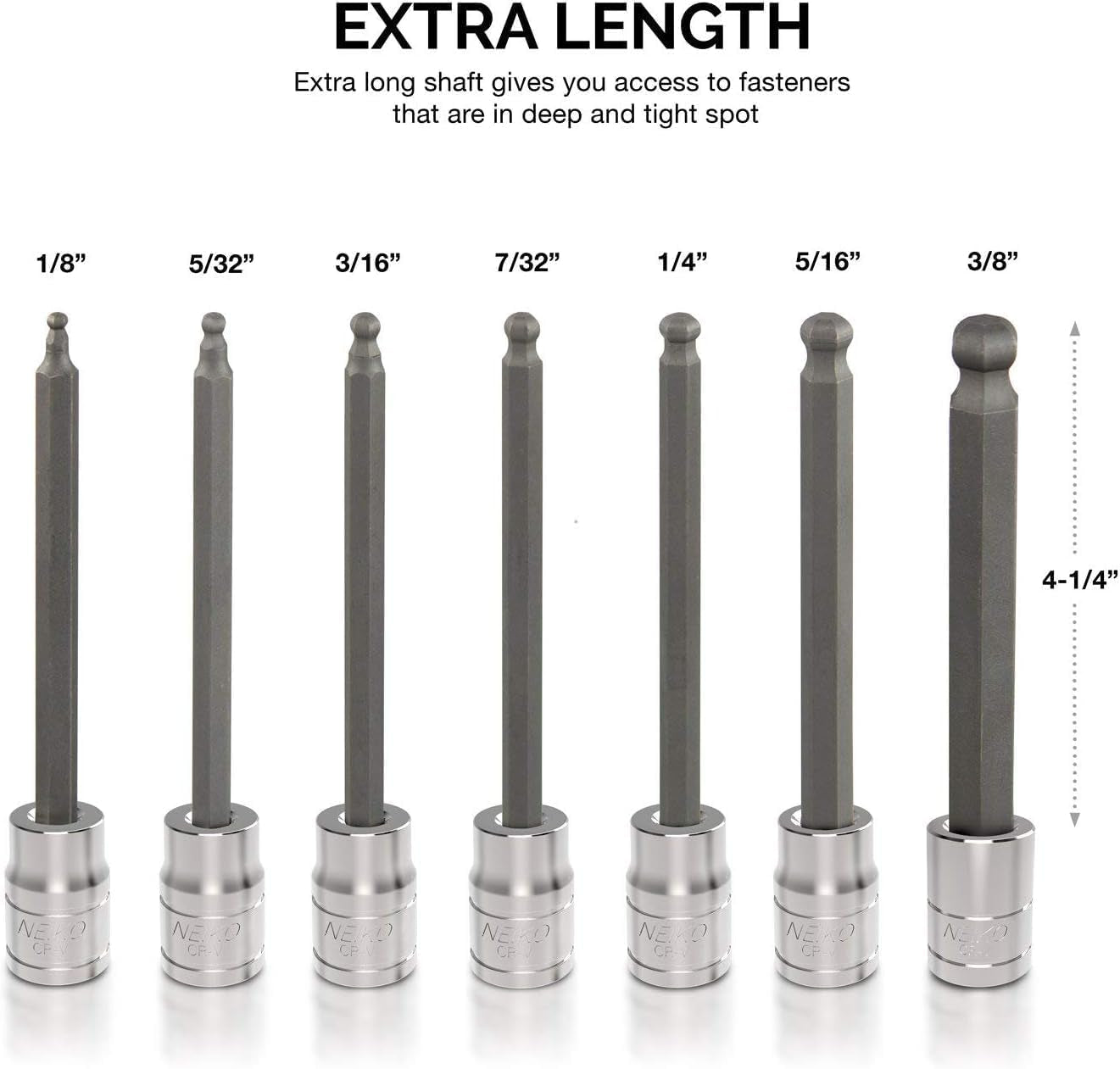 10072A 7-Piece Extra Long Allen Hex Bit Socket Set | 3/8-Inch Drive. SAE. Durable S2 & Cr-V Steel. 1/8-Inch to 3/8-Inch