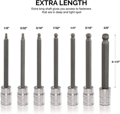 10072A 7-Piece Extra Long Allen Hex Bit Socket Set | 3/8-Inch Drive. SAE. Durable S2 & Cr-V Steel. 1/8-Inch to 3/8-Inch