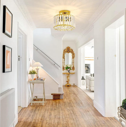 Gold Crystal Semi Flush Mount Ceiling Light. Modern Industrial Fixture
