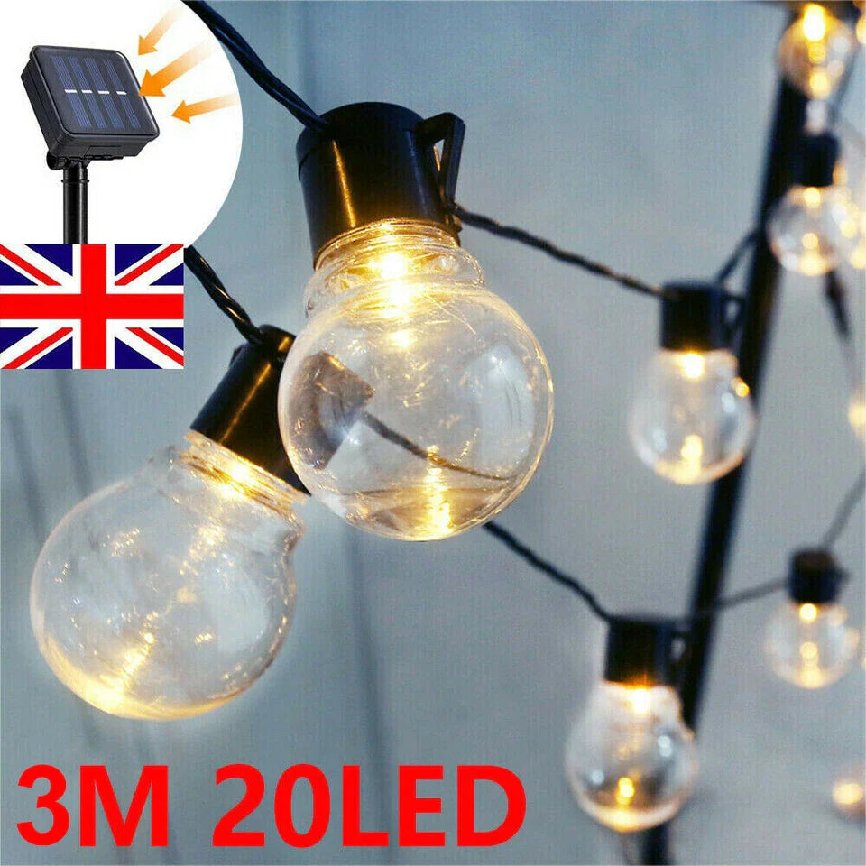 Solar Powered Retro Bulb String Lights – Warm White LED Outdoor Garden & Party Lighting