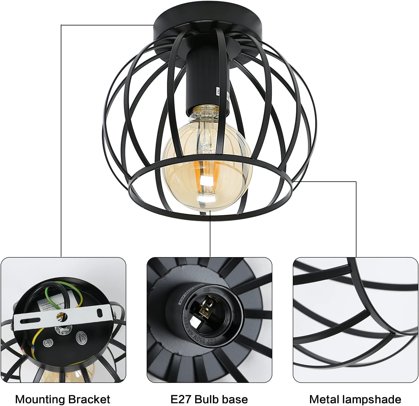 Vintage Semi Flush Ceiling Light – Black Metal Cage Fixture with E27 Holder for Living Room. Kitchen. Bedroom. or Hallway