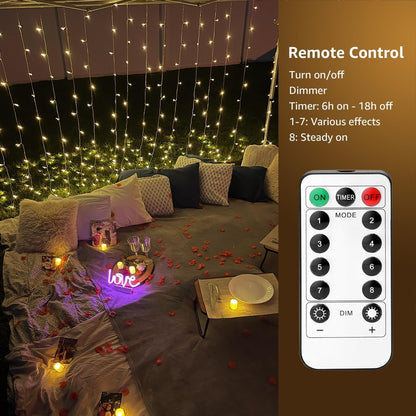 300 LED Curtain Lights – Warm White. 8 Modes