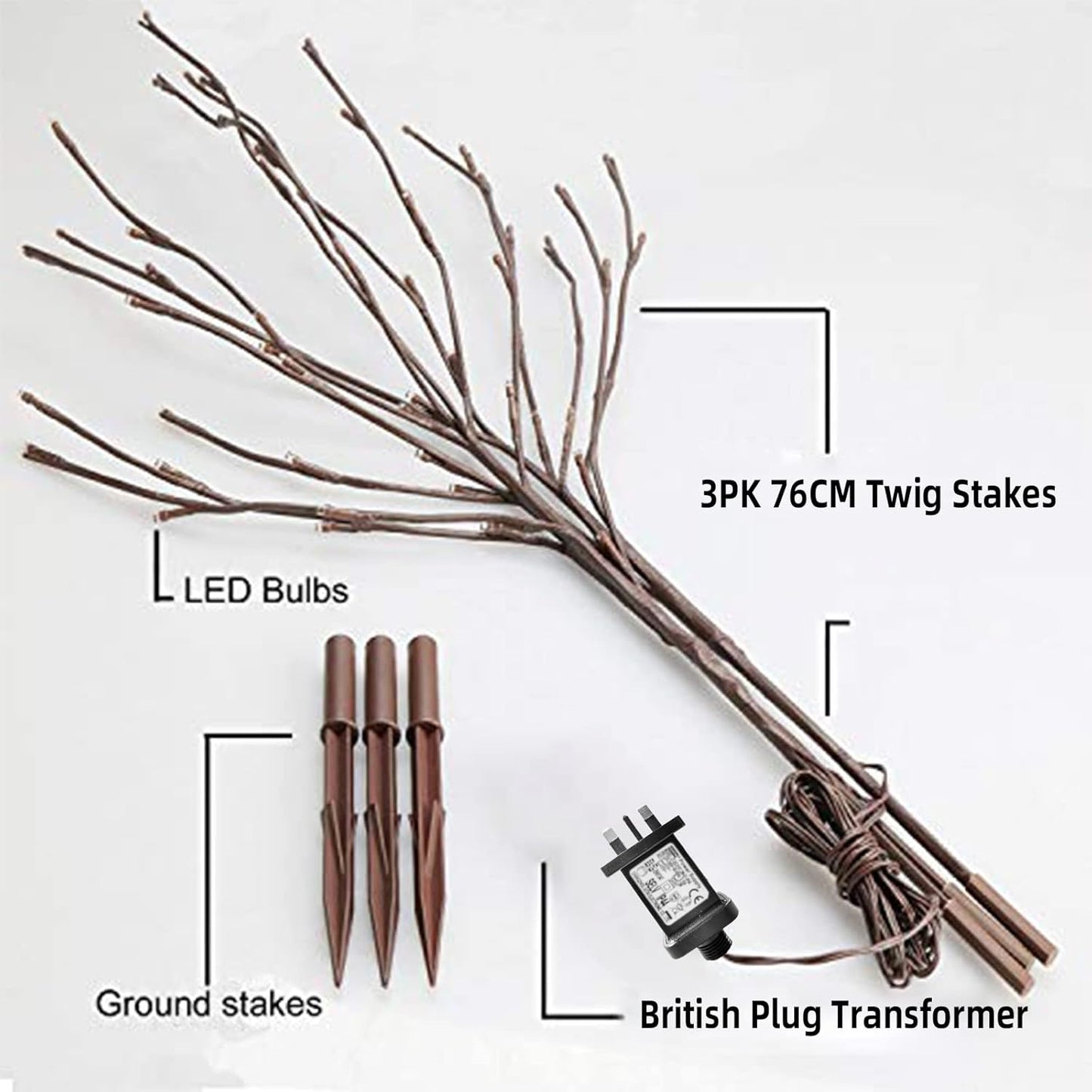 3PK White Birch Twig Lights with 60 LEDs – 76cm