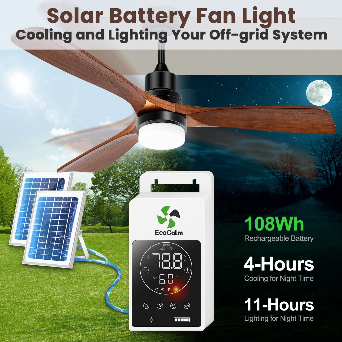 Solar Ceiling Fan Outdoor Fan with Light & Battery. 52 Solar Ceiling Fans for Outside 3 Speeds. Quiet Wood Walnut Fan with Adjustable Thermostat for Gazebo. Patios