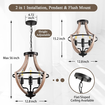 4-Light Farmhouse Chandelier – Retro Flush Mount Ceiling Light Fixture with Wood Grain Finish & Black Metal for Hallway. Dining Room & Bedroom