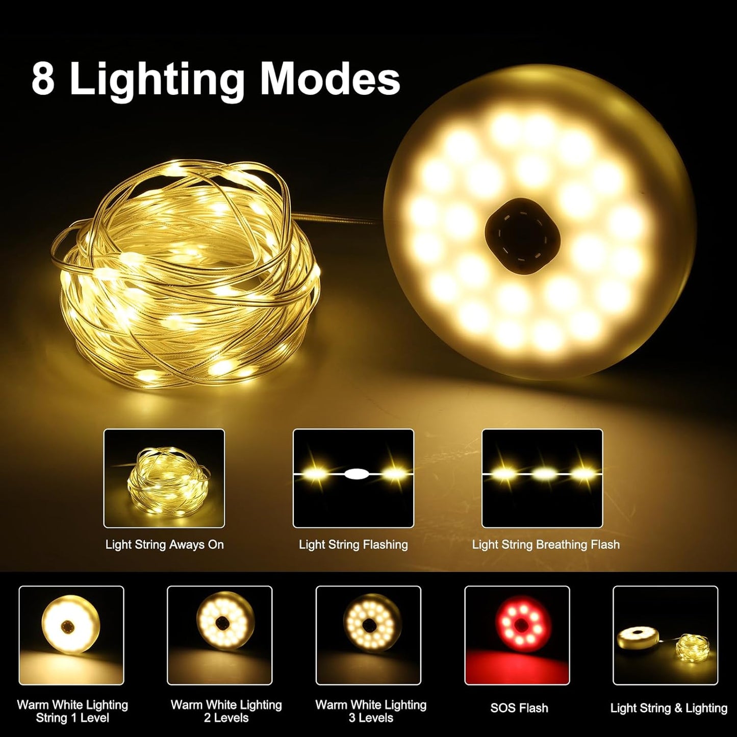 Solar Camping String Lights. 42Ft. 160 LED. USB Rechargeable