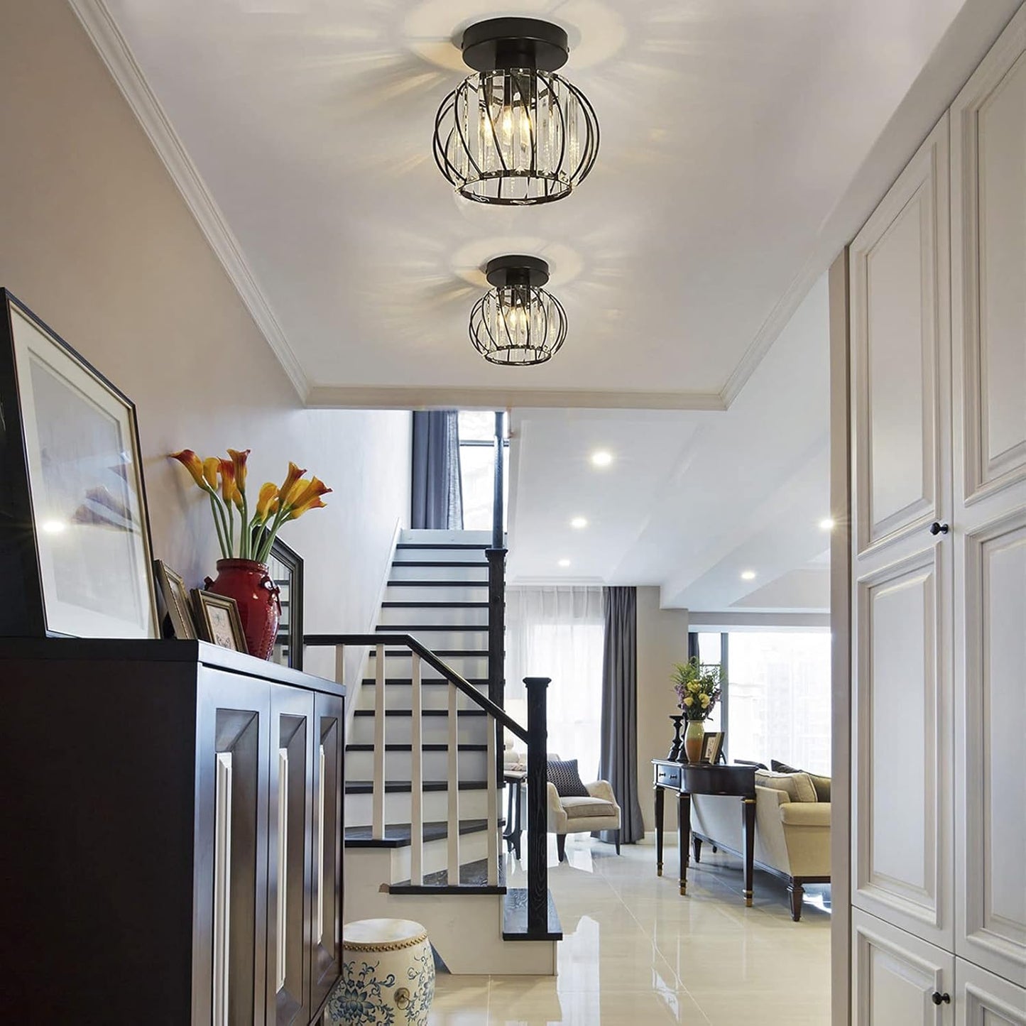 Small Crystal Flush Mount Ceiling Light with Black Shade