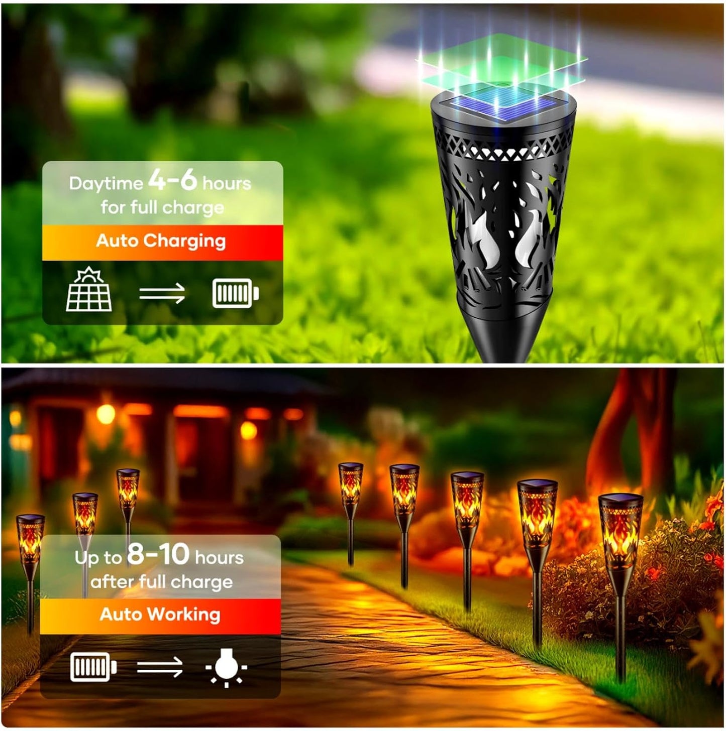 Solar Torch Lights – 6 Pack. Flickering Flame & Steady Modes. Waterproof Outdoor Garden Lights