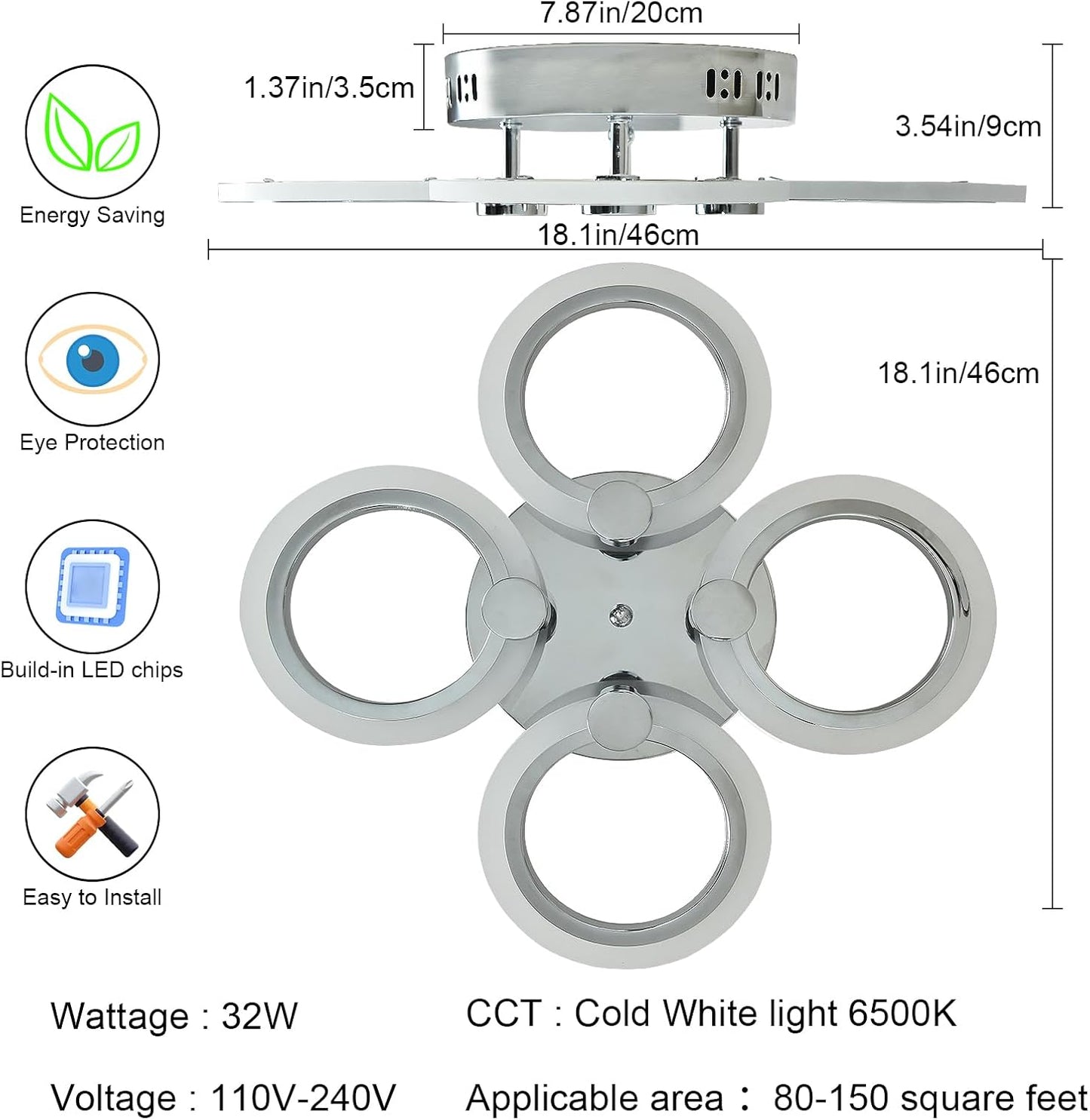 Modern 4-Ring LED Ceiling Light. Chrome. 6500K Daylight