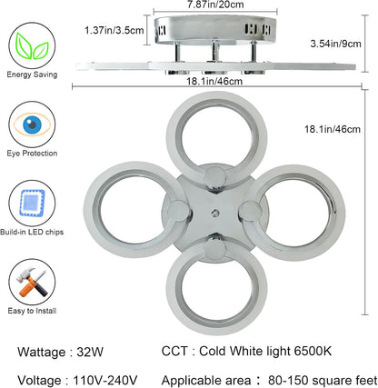 Modern 4-Ring LED Ceiling Light. Chrome. 6500K Daylight