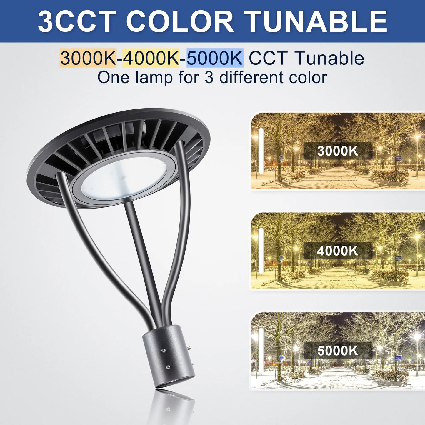 Commercial LED Post Top Light. 80W/100W/120W/150W Selectable. 3CCT Tunable. Photocell Included. IP65 Rated