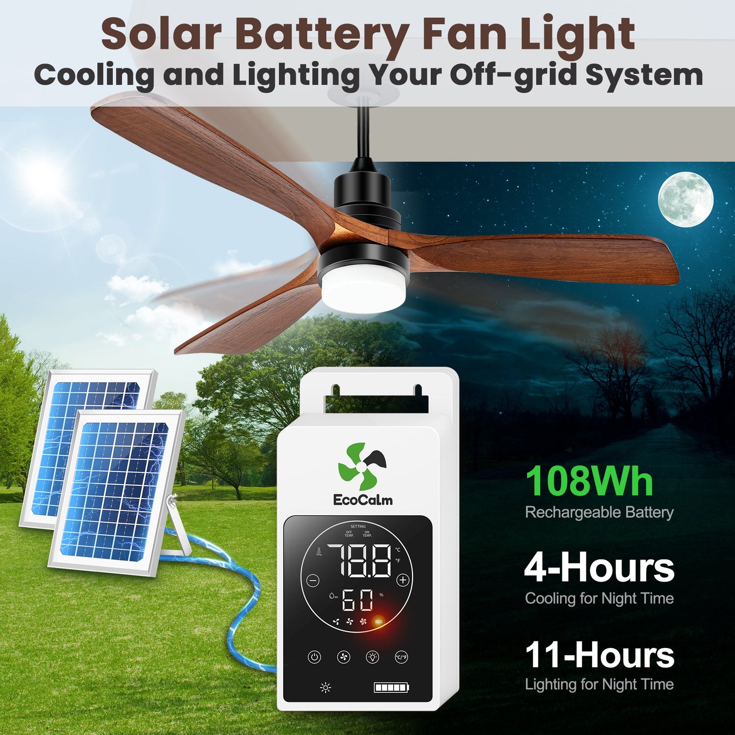 Solar Ceiling Fan for Outside 3 Speeds. Outdoor Ceiling Fans with Light & Battery. Quiet Wood Walnut Fan with Adjustable Thermostat for Gazebo. Patios (42inch)