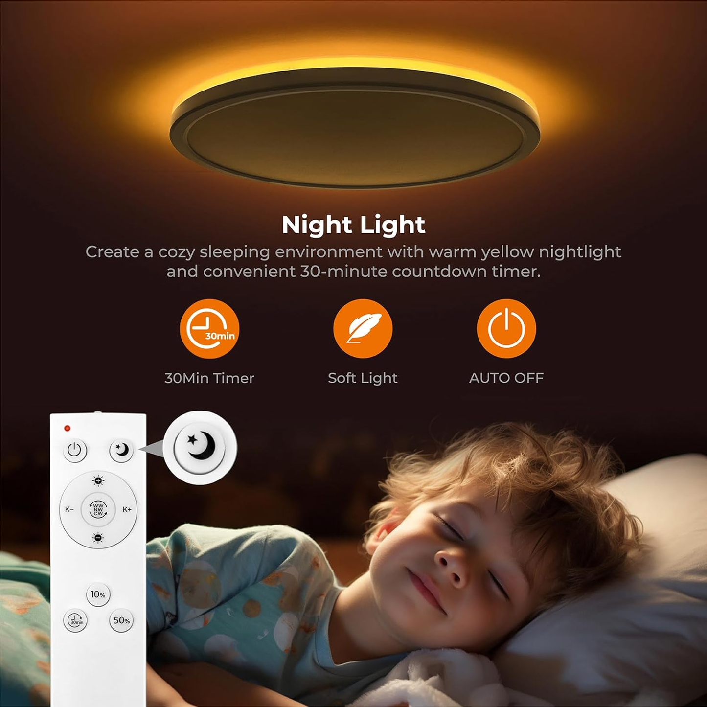 Dimmable LED Ceiling Light 24W with Remote – Adjustable Color Temperature (3000K-6500K) & Night Light Mode for Bedroom. Living Room. Kitchen