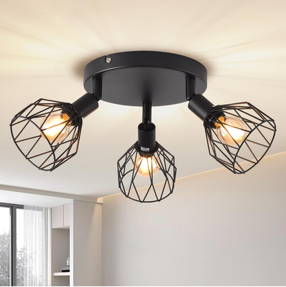 Kitchen Lights Ceiling.4 Way Black Lounge Industrial Wall Lights-Adjustable SpotLights Ceiling Lights Wire Cage with E14 Base. Light Fittings Ceilings