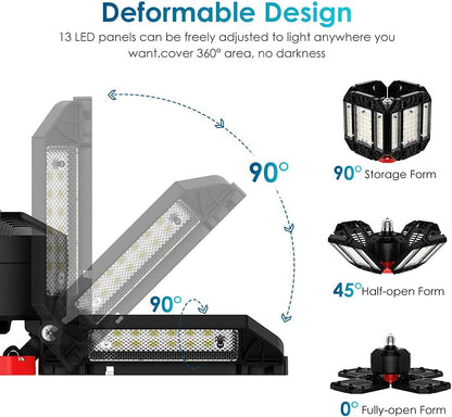 200W LED Garage Light 1 Pack - 20000LM 6500K Deformable Ceiling Lighting Fixture with 12 Adjustable Panels - E26/E27 Bay Light for Basement