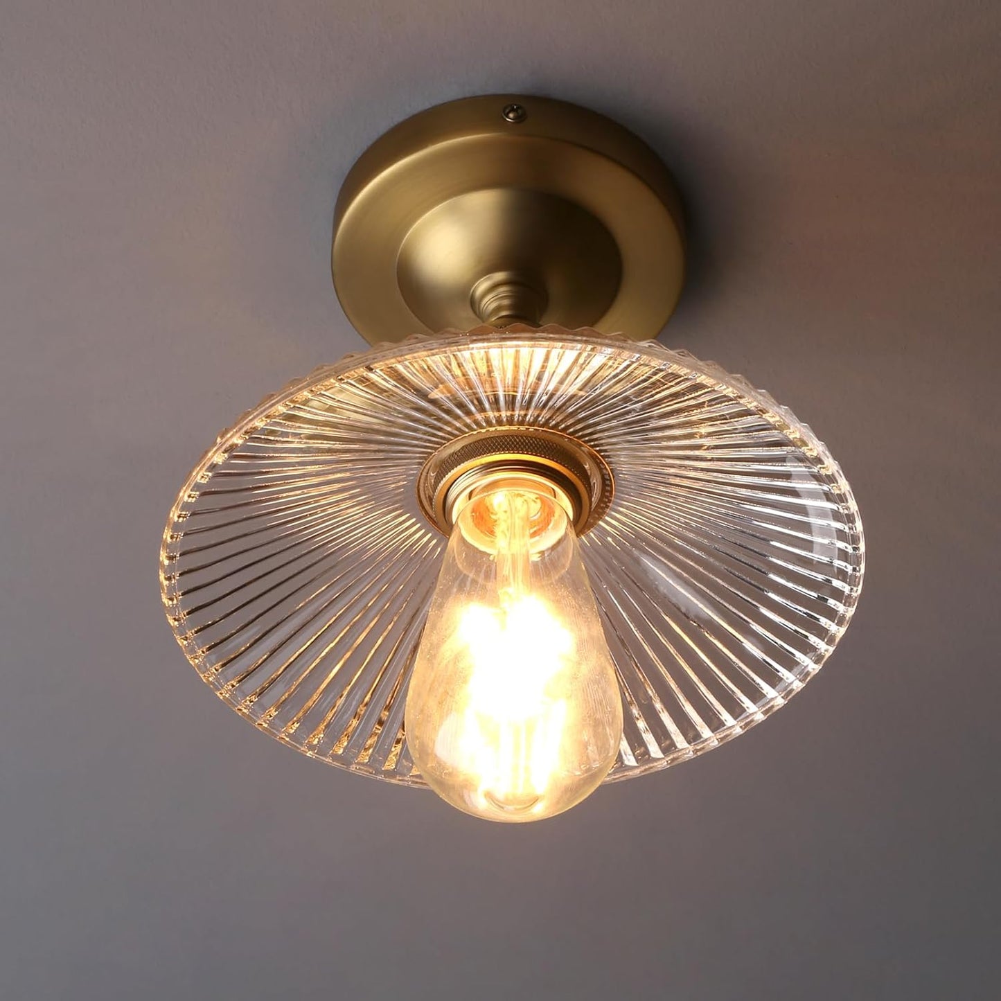 Vintage Ribbed Glass Pendant Ceiling Light. Cone Shade. E27 Base