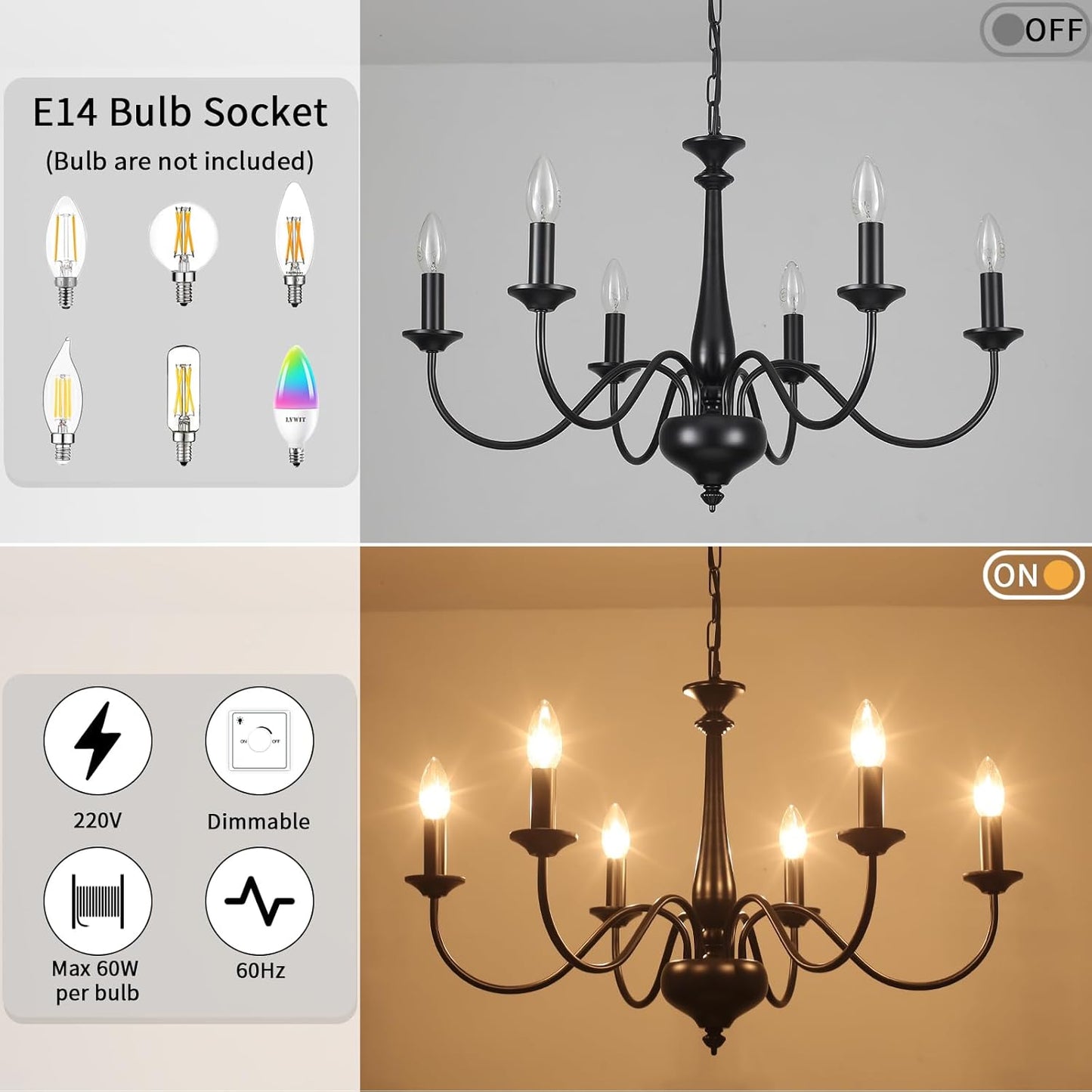 6-Light Black Chandelier – E14 Ceiling Light for Living Room. Dining. Bedroom. Kitchen