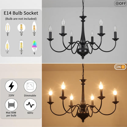 6-Light Black Chandelier – E14 Ceiling Light for Living Room. Dining. Bedroom. Kitchen