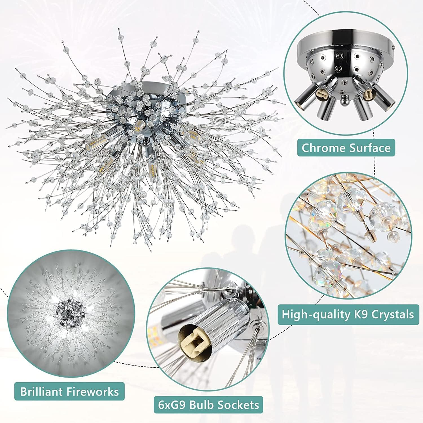 Modern Fireworks Crystal Chandelier – Flush Mount Ceiling Light with K9 Crystals and 6 G9 LEDs for Living Rooms. Bedrooms. and Hallways