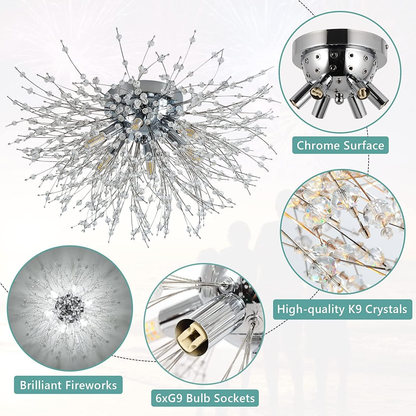 Modern Fireworks Crystal Chandelier – Flush Mount Ceiling Light with K9 Crystals and 6 G9 LEDs for Living Rooms. Bedrooms. and Hallways