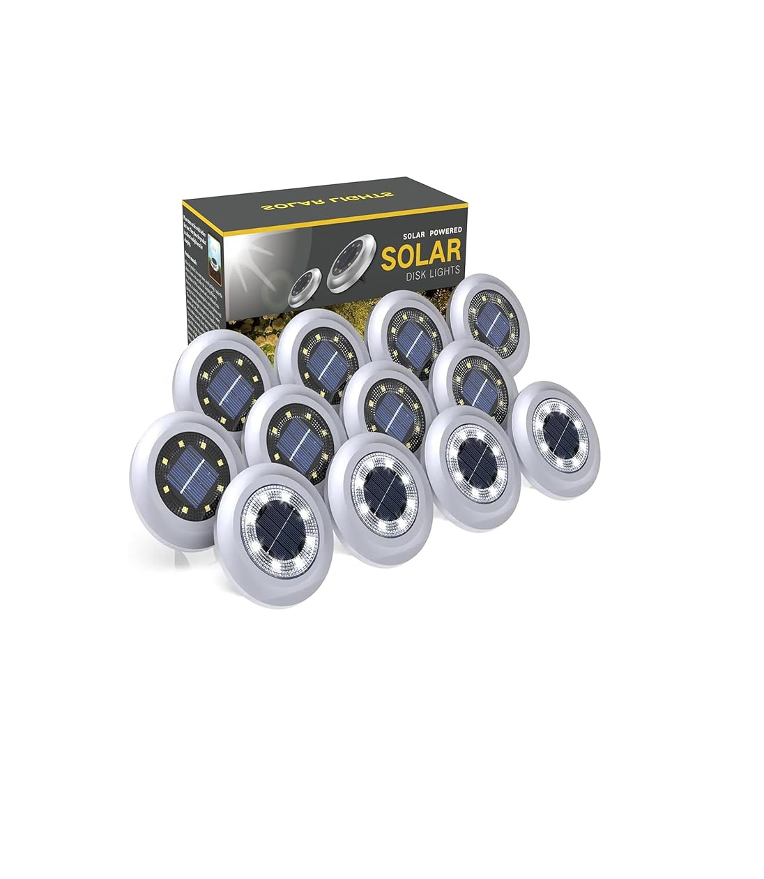 8-Pack Solar Disk Lights. Bright White Outdoor Pathway Lamps