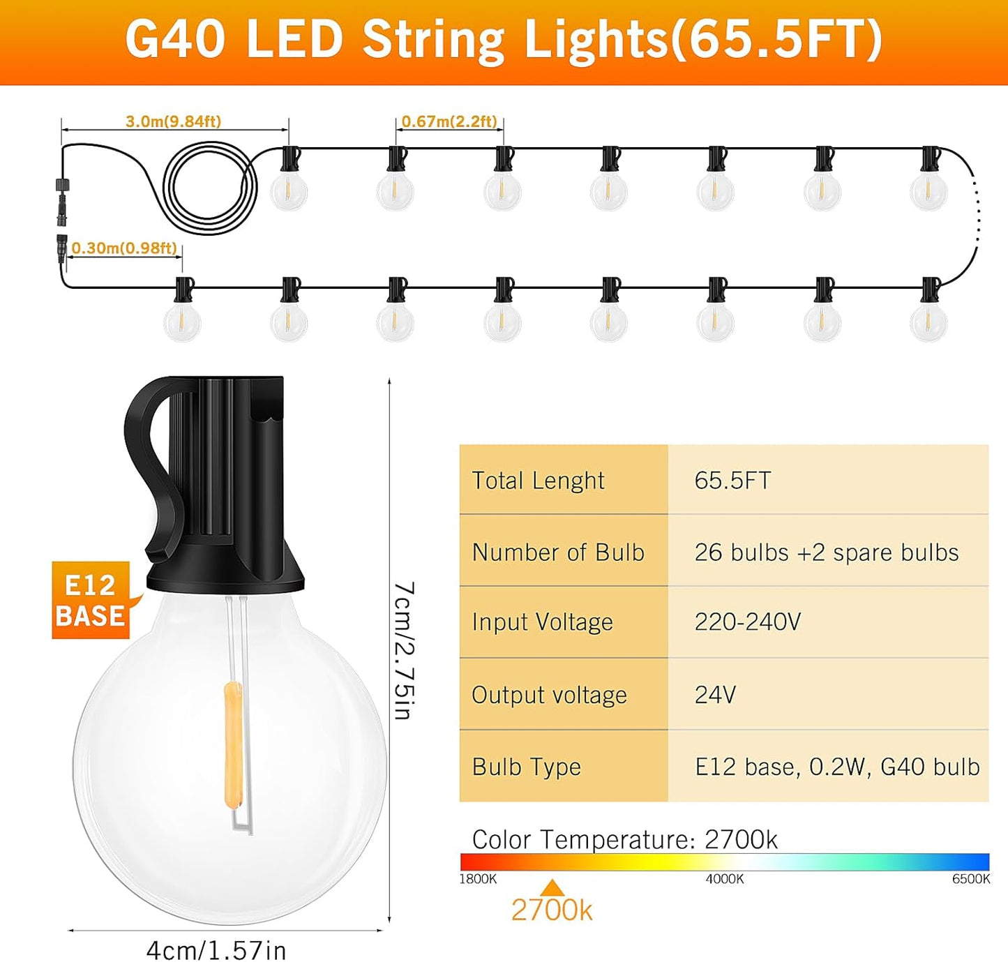 65.5ft Outdoor Festoon Lights with Remote & Timer