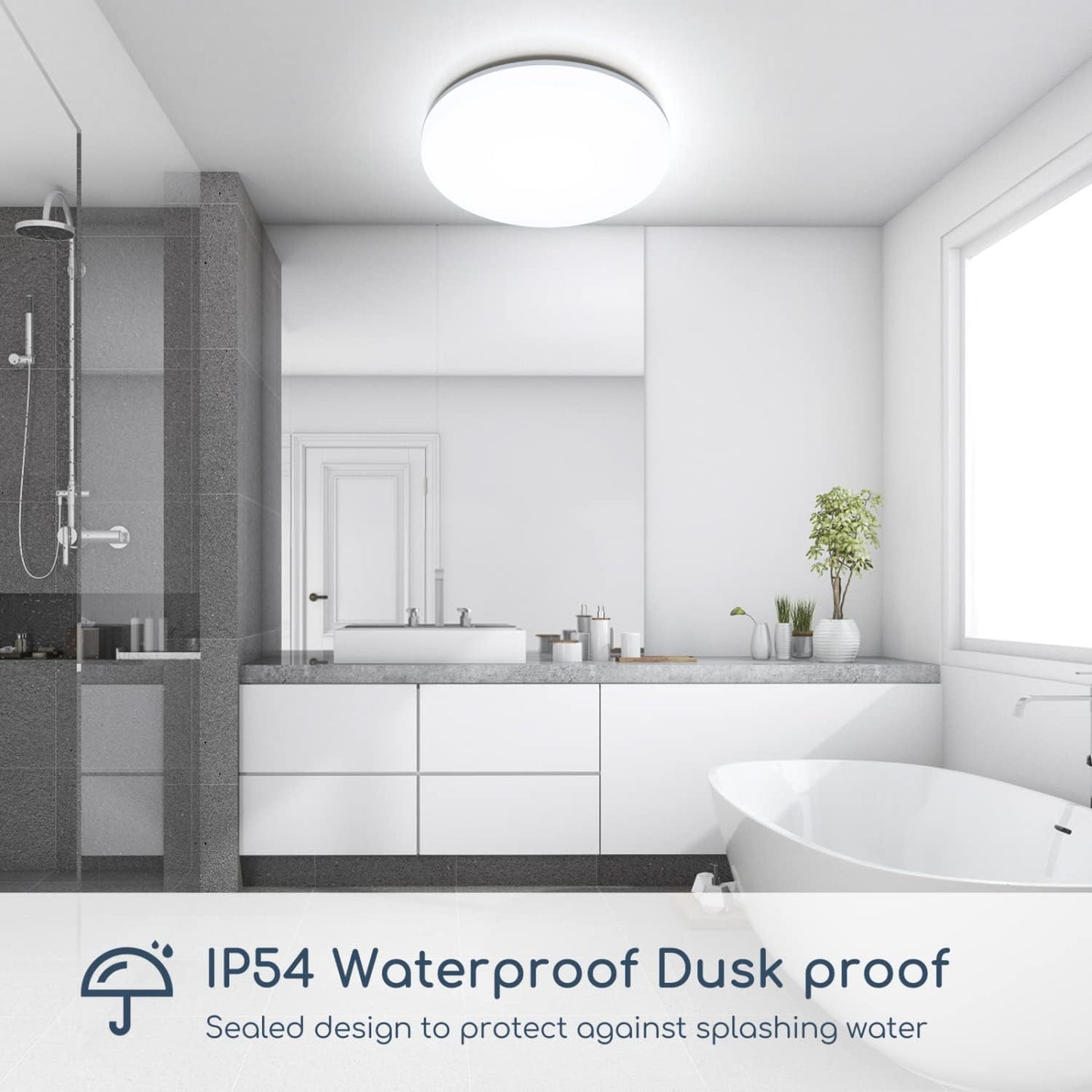 48W LED Bathroom Ceiling Light – IP54 Waterproof Flush Mount Ceiling Light. 4230 Lumens. 6000K Daylight White. Large Round LED Ceiling Lamp for Bathroom. Kitchen. Bedroom. Living Room. Hallway & Office