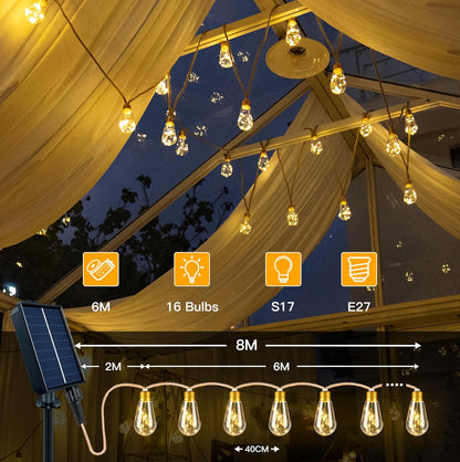 6m Solar Festoon Lights with Remote – 16 Bulbs Outdoor