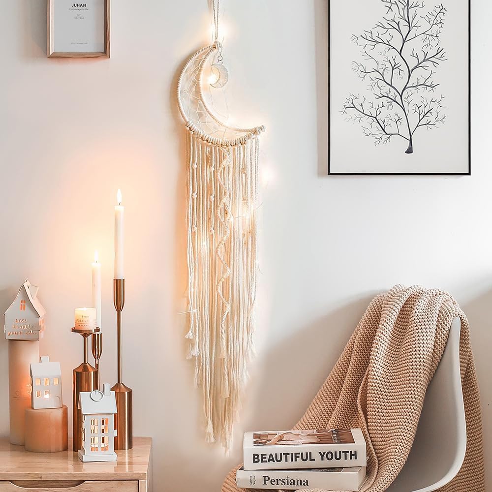 Macrame Moon Dream Catcher Wall Hanging with LED Light