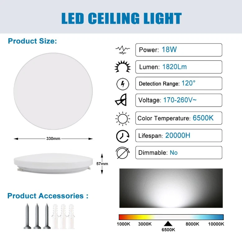 Modern Round LED Ceiling Light – 12W/18W. Waterproof. 6500K