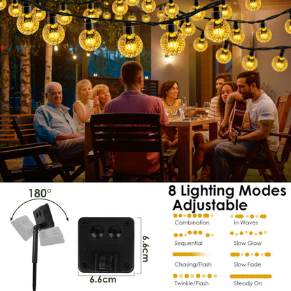 Solar Garden String Lights – 60 LED Crystal Ball. 12M. 8 Modes. IP65 Waterproof. Warm White
