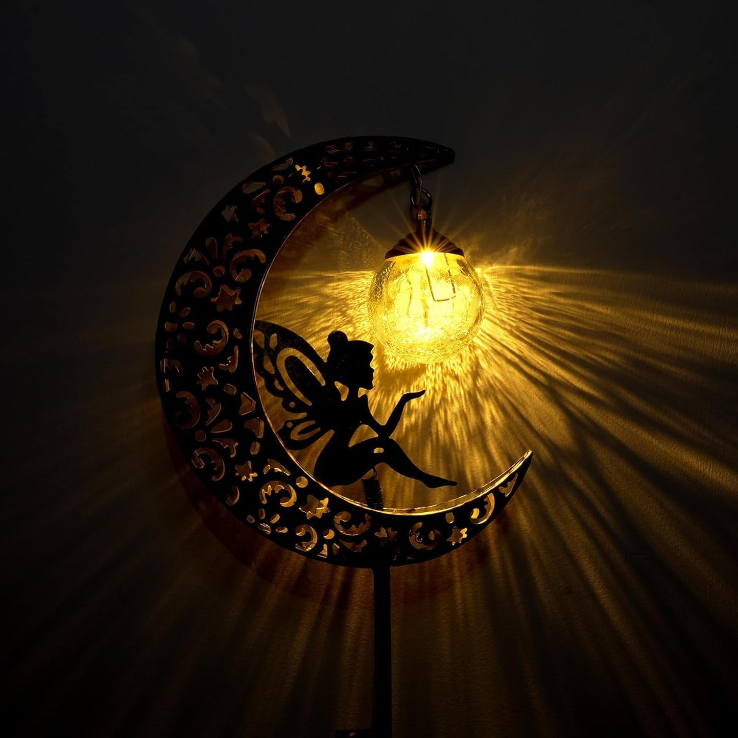 Solar Lights Outdoor Garden Ornaments – Moon Fairy Solar Crackle Glass Lights. Waterproof LED Metal Stake Light for Patio. Lawn & Pathway Decorations