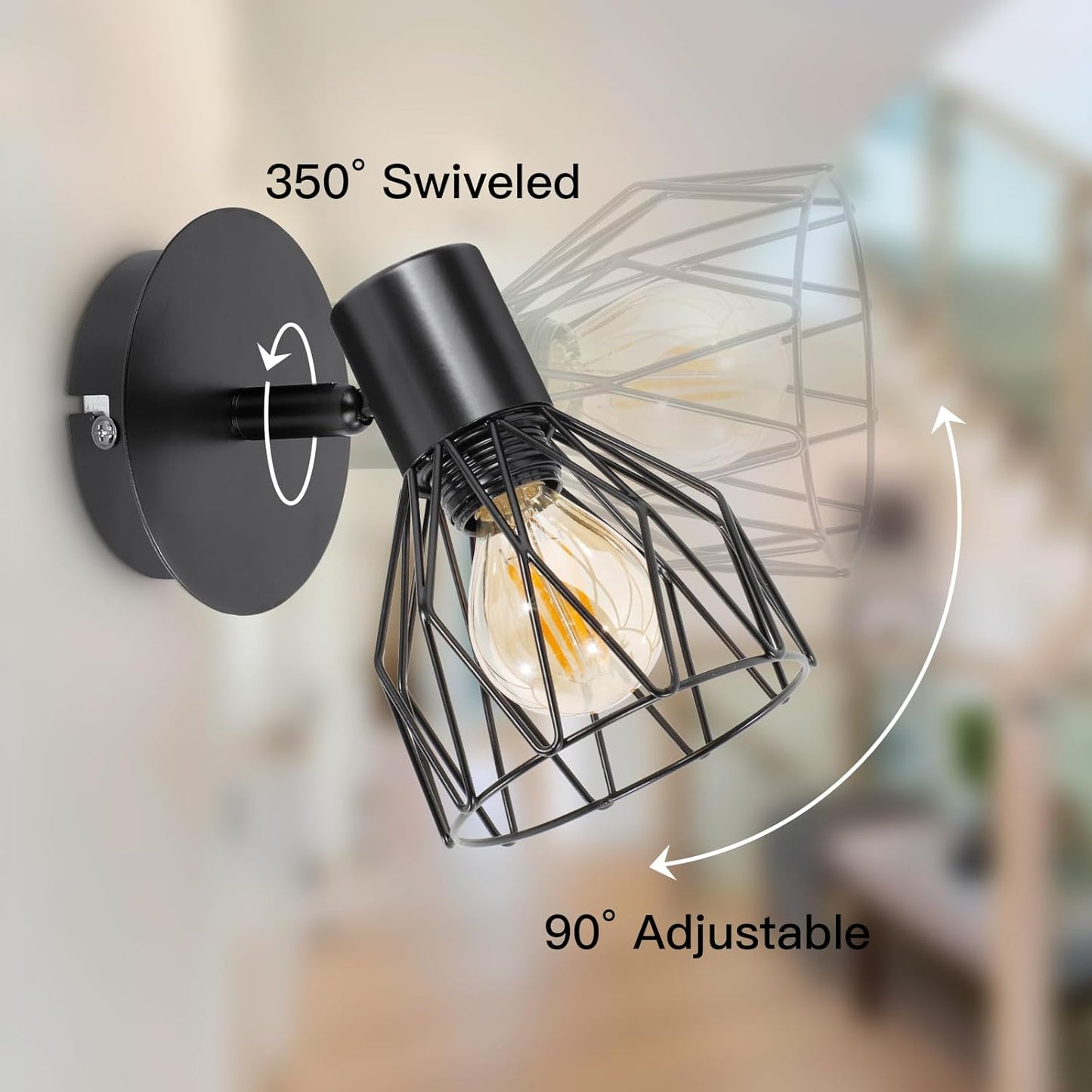 Adjustable Industrial Black Metal Cage Wall Lights. 2 Pack
