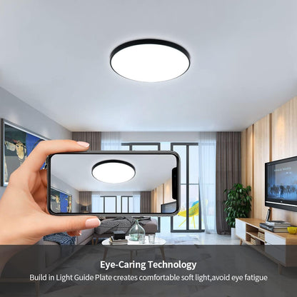 28W Black LED Flush Mount Ceiling Light. 6500K Daylight White Bathroom Light. 2000LM. Modern Round Lighting. 240W Equivalent White Ceiling Lamp for Kitchens. Hallway. Bedrooms