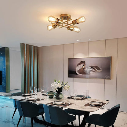 Gold 4-Light Semi Flush Ceiling Light. E27 Base