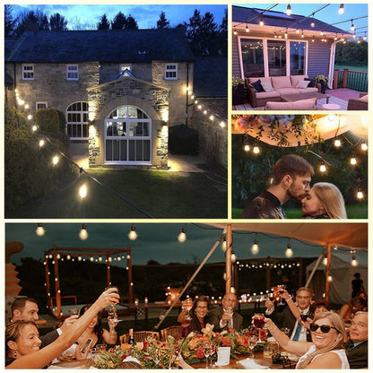 48FT Outdoor LED String Lights. S14 Festoon Lights with 15 E27 Sockets. IP65 Waterproof. 2700K Warm White for Garden. Patio. Party