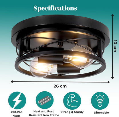 Industrial Round Black Ceiling Light with Dual E27 Fittings