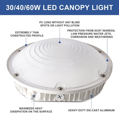 LED Round Canopy Light - 30W/40W/60W Selectable - 5000K - Surface Mount Low Bay Light - Parking Garage Lighting