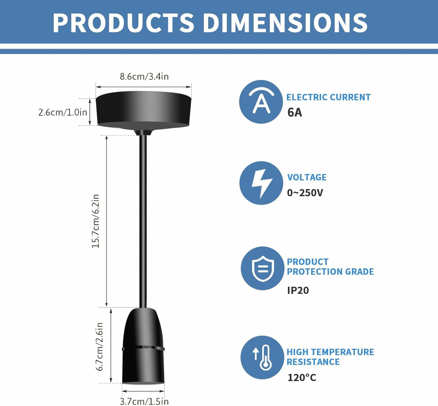 Ceiling Pendant Light Fitting. B22 Lamp Holder. 6(150mm). Black Plastic Light Bulb Holder. Ceiling Rose for Kitchen Island Living Room Bedroom Lightings