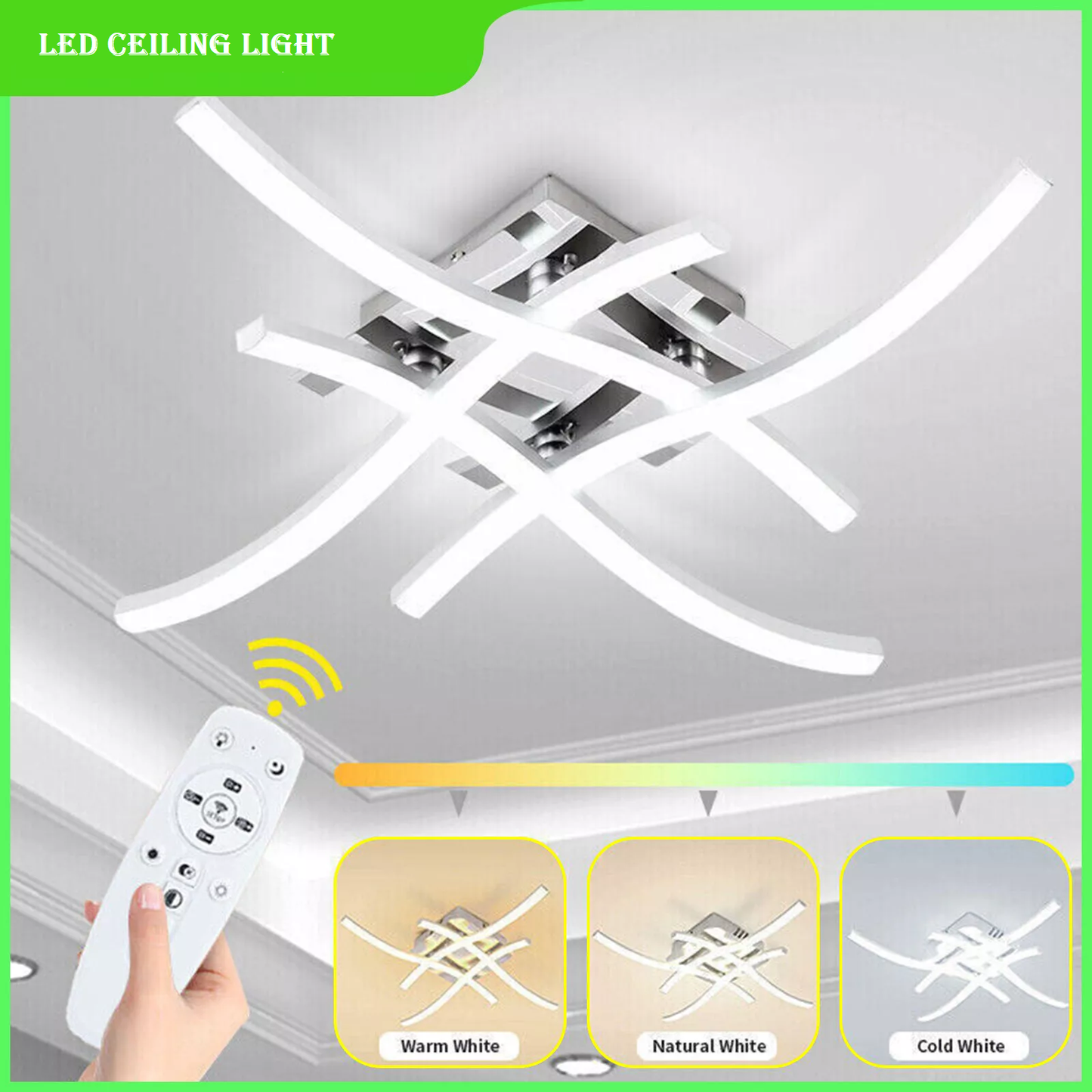 Modern LED Ceiling Light. 4-Wave Design. Dimmable Fixture for Bedroom and Hallway