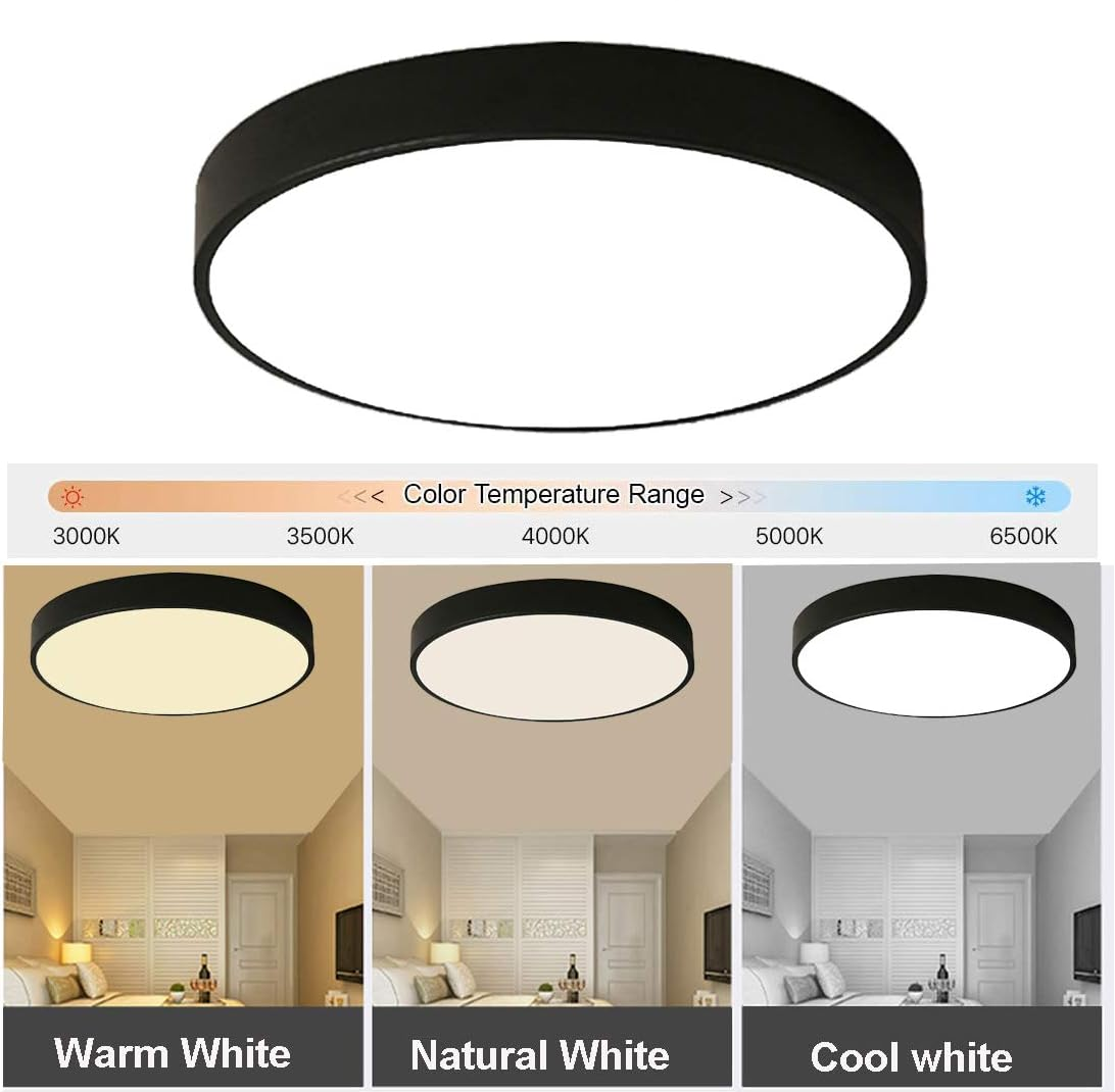 36W LED Flush Mount Ceiling Light. 6500K Cool White. 3600lm. 40cm Round Black Frame Light for Bedroom. Bathroom. Living Room
