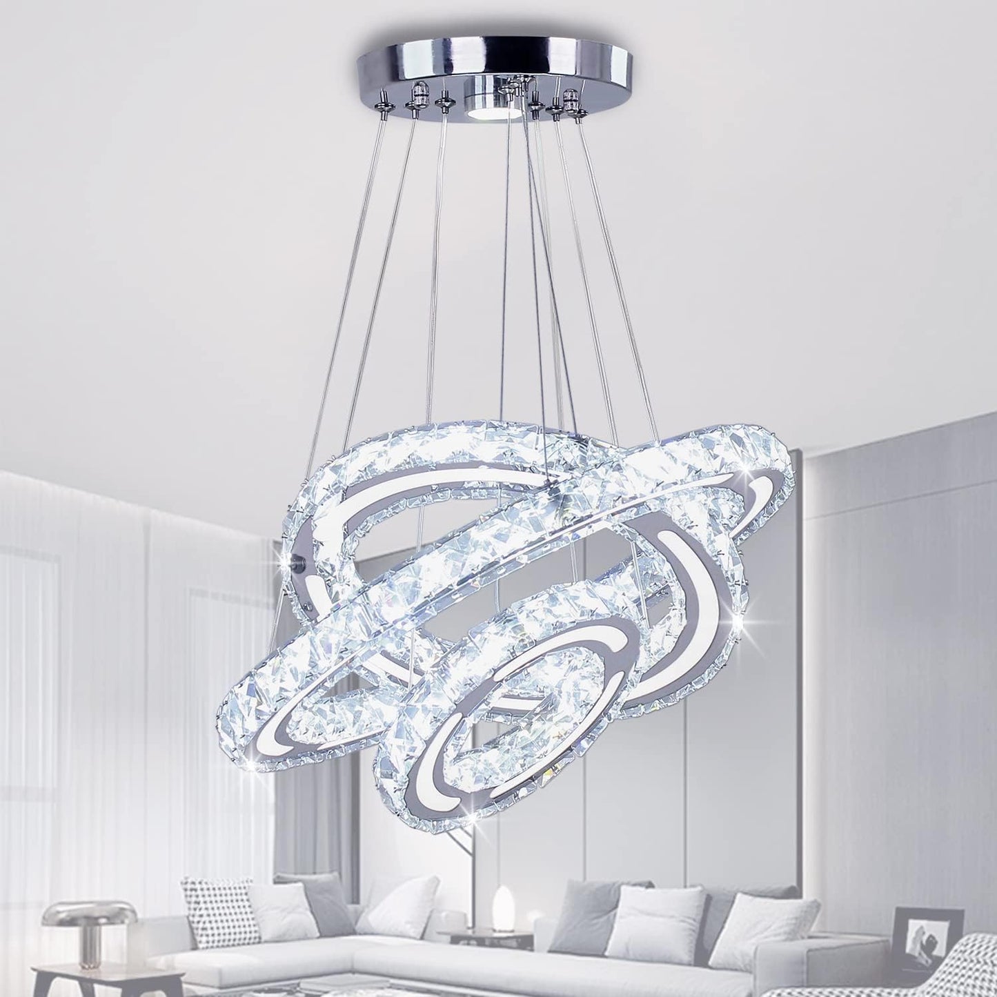 Modern Adjustable 2-Ring LED Crystal Chandelier with Remote