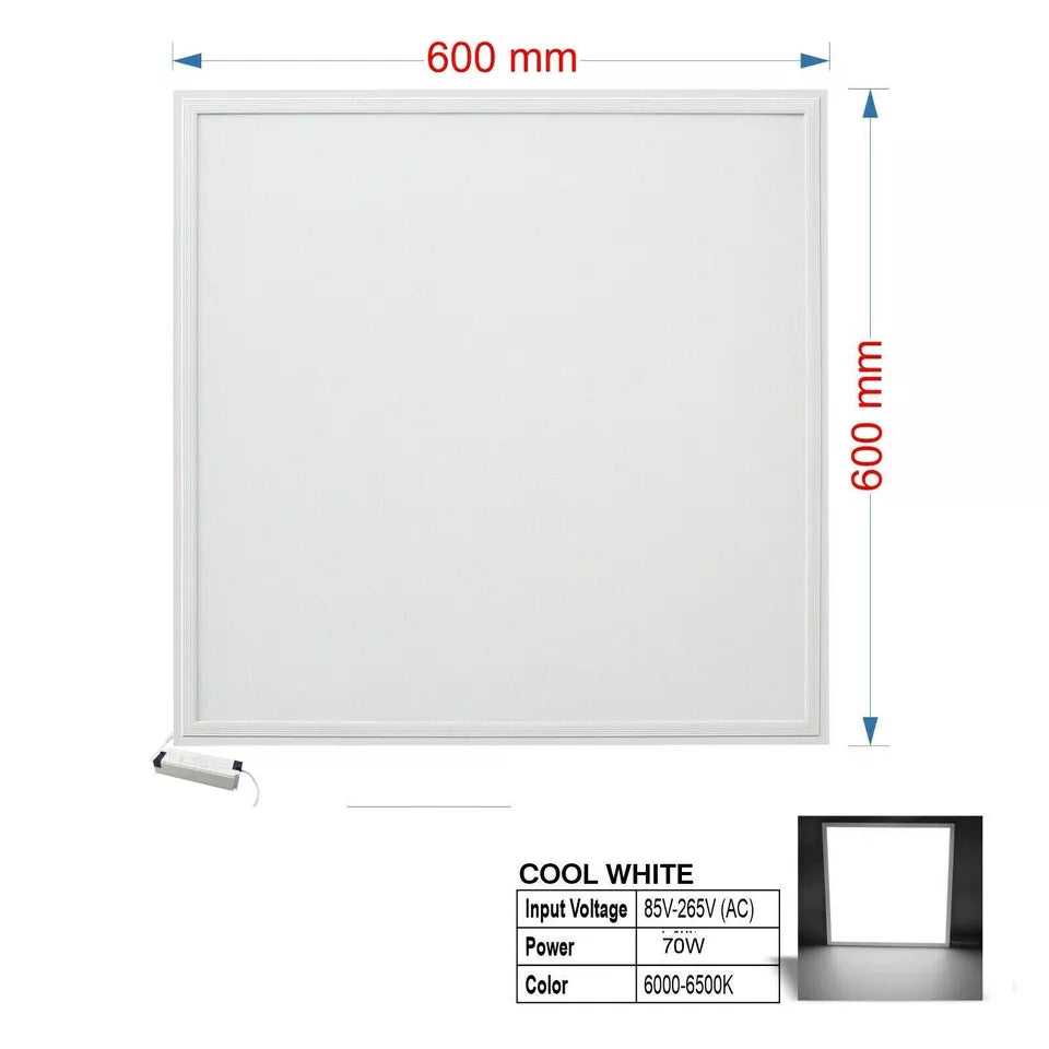 70W LED Recessed Ceiling Light Panel 600x600mm. 6500K Cool White. Ultra-Slim Design for Bedroom Lighting