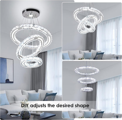 Modern Adjustable 2-Ring LED Crystal Chandelier with Remote