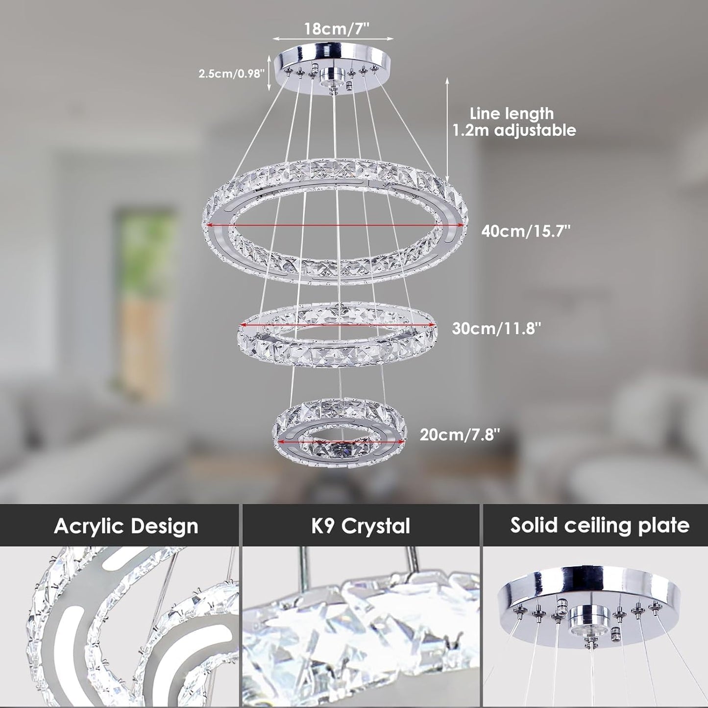 Modern Adjustable 2-Ring LED Crystal Chandelier with Remote